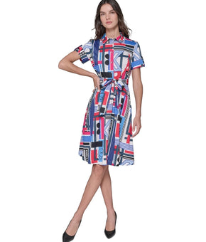 KARL LAGERFELD PARIS Printed Short-Sleeve Shirtdress Blue White Size 6 MSRP $149