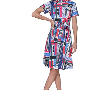 KARL LAGERFELD PARIS Printed Short-Sleeve Shirtdress Blue White Size 6 MSRP $149