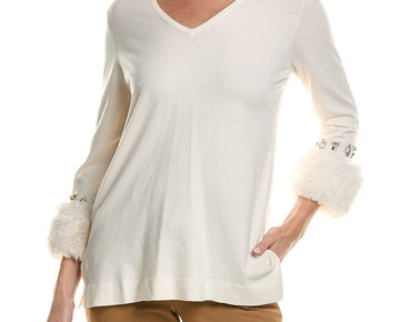 Anne Klein womens Embellished Sweater, Size M White MSRP $129