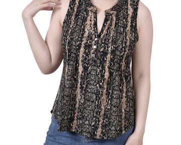 NY Collection Petite Sleeveless Jacquard Y-neck Top Black Size PM MSRP $42