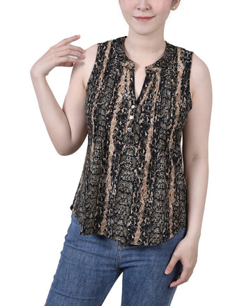 NY Collection Petite Sleeveless Jacquard Y-neck Top Black Size PM MSRP $42
