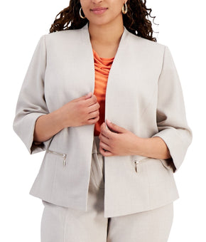 Kasper Plus Size 14W Zip-Pocket Cuffed 3/4-Sleeve Blazer Beige MSRP $129