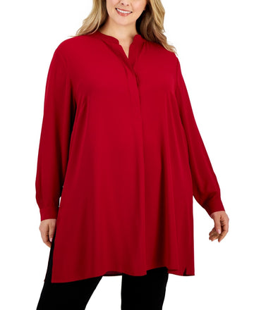 Anne Klein Plus Size Longer Length Nehru Tunic Red Size 1X MSRP $99