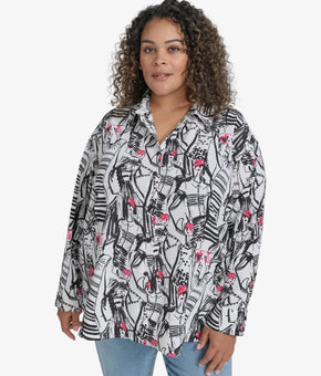 KARL LAGERFELD Plus Size 2X Printed Collared Button Shirt White MSRP $99
