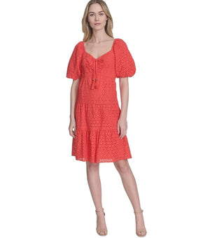 Vince Camuto ALL Cotton V-Neck Short-Puff-Sleeve Eyelet Dress Red Size 2 $168