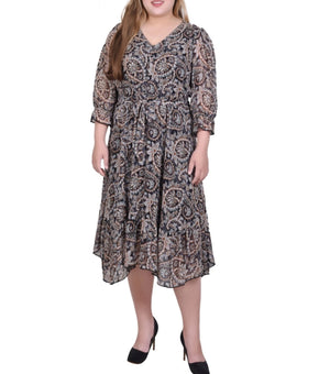 NY Collection Plus Size 1X Polyester Brown 3/4 Sleeve V-Neck Flounced Dress $60