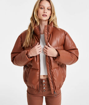 CoffeeShop Faux-Leather Cropped Puffer Coat Brown Size L MSRP $139