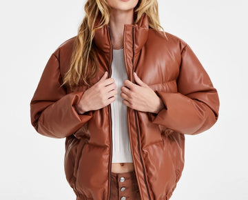 CoffeeShop Faux-Leather Cropped Puffer Coat Brown Size L MSRP $139