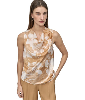 DKNY Petiten Size PL Printed Sleeveless Cowlneck Polyester Top Light Brown $59