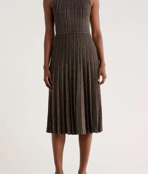 T Tahari Women's Metallic Mock-Neck Pleated Fit & Flare Dress Black Size XL $128
