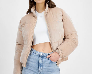 GUESS Women's Couture Zip-Front Puffer Jacket Skin Beige Size L MSRP $148