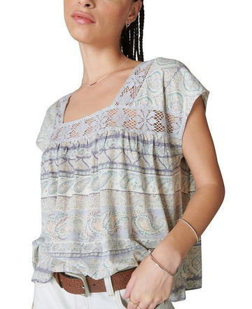Lucky Brand Women's Printed Beach Square-Neck T-Shirt Blue Size M MSRP $80