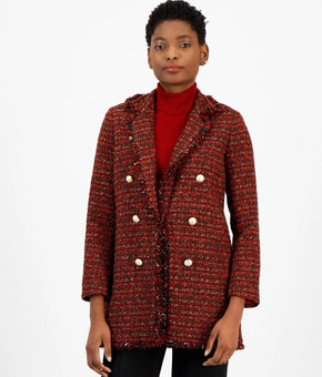 Anne Klein Coat Womens Size XL Red Tweed Plaid Double Breasted Fringe $199