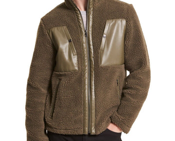 Michael Kors Men Sherpa-Fleece Mixed-Media Jacket Olive Green Size XS MSRP $278