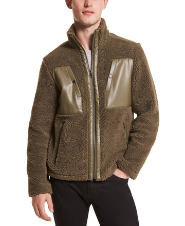 Michael Kors Men Sherpa-Fleece Mixed-Media Jacket Olive Green Size XS MSRP $278