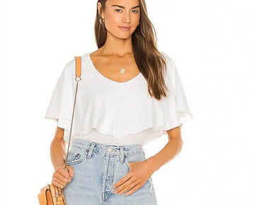 FREE PEOPLE Womens White Ruffled Short Sleeve Scoop Neck Top Size L