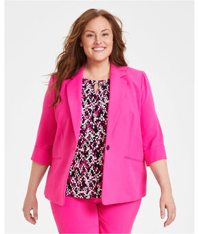 Kasper Womens 3/4 Sleeve One Button Blazer Jacket, Pink, Plus Size, Size 14W