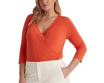 RALPH LAUREN Womens Orange Pleated 3/4 Sleeve Top Size 1X MSRP $75