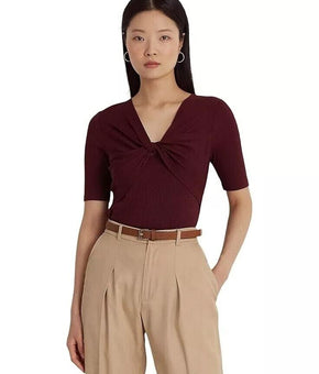 LAUREN RALPH LAUREN Twist-Front Rib-Knit Cotton-Blend T-Shirt Red Size XXL $90