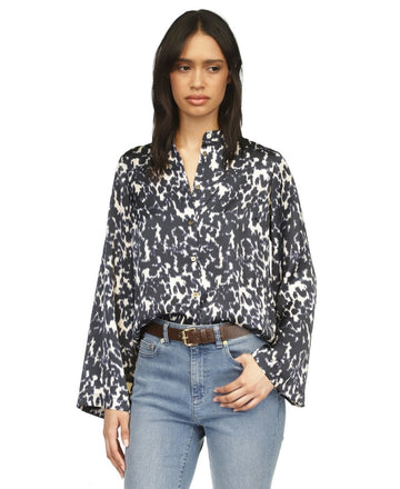 Michael Kors Women's Printed Button-Front Flare-Sleeve Top Navy Size XS MSRP$110