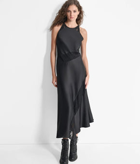 DKNY Women's Asymmetrical Drapey Midi Dress Black Size 8 MSRP $179