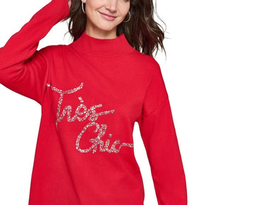 KARL LAGERFELD PARIS Women Embellished Graphic Mockneck Sweater Red SALE XL $99