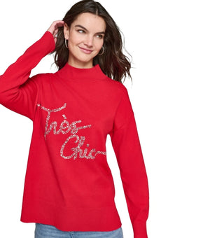 KARL LAGERFELD PARIS Women Embellished Graphic Mockneck Sweater Red Size M $99