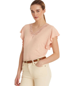 RALPH LAUREN Womens Pink Sheer Flutter Sleeve V Neck Top Size M