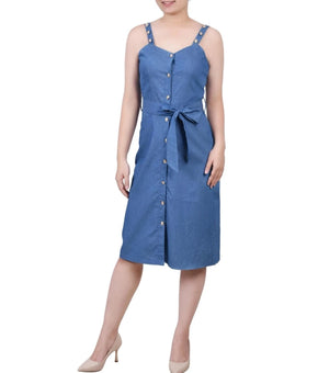 NY Collection Dress Womens Petite Size PS Blue Belted Strappy Sundress $54