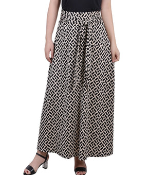 NY Collection Petite Printed Maxi Skirt with Sash Waist Tie Black Cream Size PM