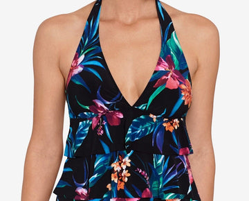 Swim Solutions Women's Printed Tiered Halter Tankini Top Black Size 10 MSRP $72