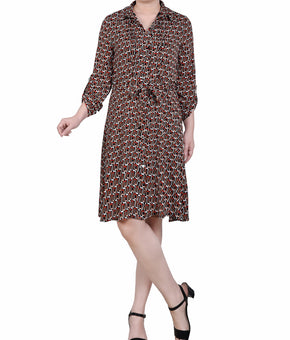 NY Collection Petite Long Roll Tab Sleeve Dobby Dress Size PXL Black Red