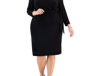 Kasper Plus Size 3X Anise Faux-Wrap 3/4-Sleeve Dress Black MSRP $99