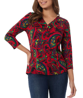 Jones New York Women's Paisley-Print 3/4-Sleeve Top Red Size PXL MSRP $60