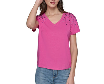 KARL LAGERFELD PARIS Women's Embellished V-Neck T-Shirt Pink SIze XL MSRP $79