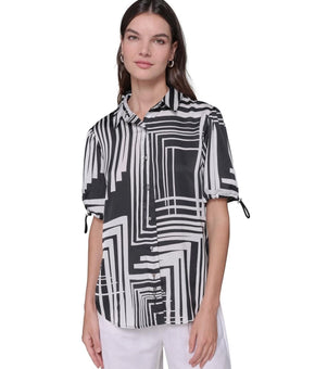 Karl Lagerfeld Paris Shirt Womens Size L Black White Geometric Button-Up $79