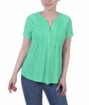NY Collection Petite Short Sleeve Y Neck Jacquard Knit Top emerald Green Size PL