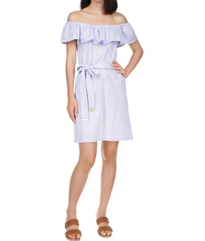MICHAEL KORS Stripted Off-the-Shoulder Dress Blue Petite Size PM Tie belt $140