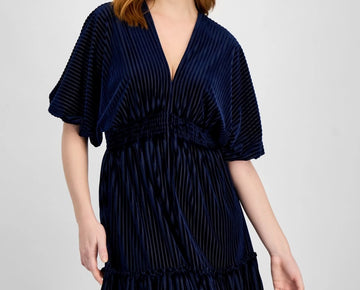 Taylor Women's Velvet Burnout Smocked Fit Flare Dress Navy Blue Size 6 MSRP $128