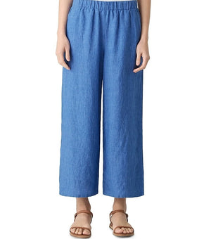 Eileen Fisher Washed Linen Delave Wide Leg 100% LINEN Pants Blue Size L $188