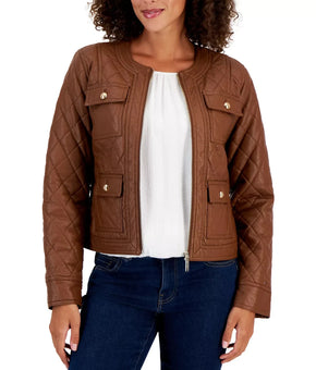 Tommy Hilfiger Women's Quilted Faux-Leather Jacket Brown Size M MSRP $160