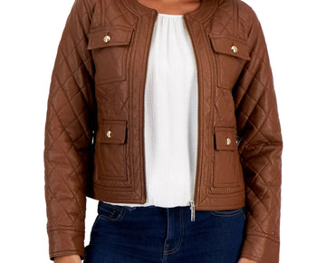 Tommy Hilfiger Women's Quilted Faux-Leather Jacket Brown Size M MSRP $160