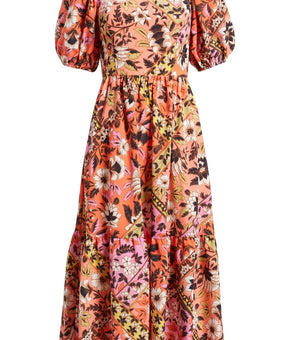 VINCE CAMUTO Square Neck Puff Sleeve Maxi Dress Orange Black Size 6 MSRP $158