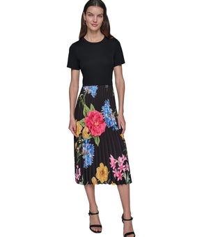 KARL LAGERFELD Women's Mixed-Media Short-Sleeve Midi Dress Black Size 6 $148