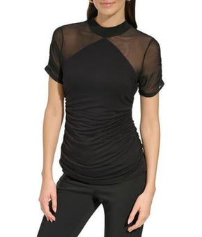 Dkny Women's Mesh-Sleeve Mock Neck Top - Black Size M