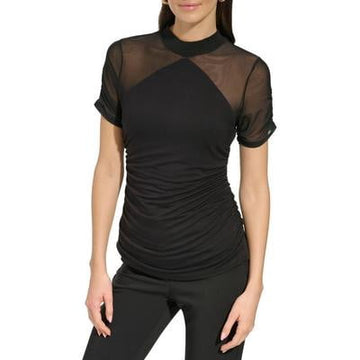 Dkny Women's Mesh-Sleeve Mock Neck Top - Black Size M