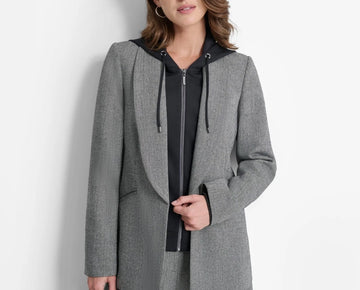 DKNY Women¡¯s Layered-Look Hoodie Herringbone Jacket Gray Size 12 MSRP $189