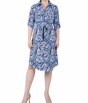 NY Collection Petite 3/4 Roll Tab Zip Front Shirtdress Blue Size PL MSRP $54