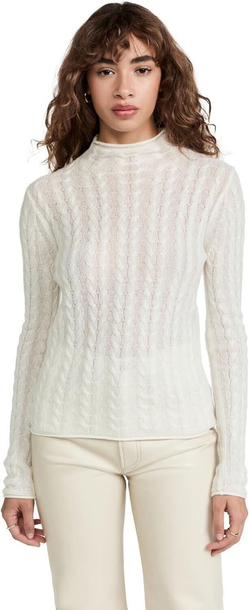 Theory Women's Cable Mock Neck Cashmere Sweater, Ivory, Off White, Size L $295