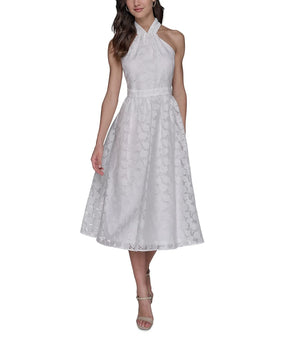 KARL LAGERFELD PARIS Floral Burnout Halter A-line Dress White Size 8 MSRP $168